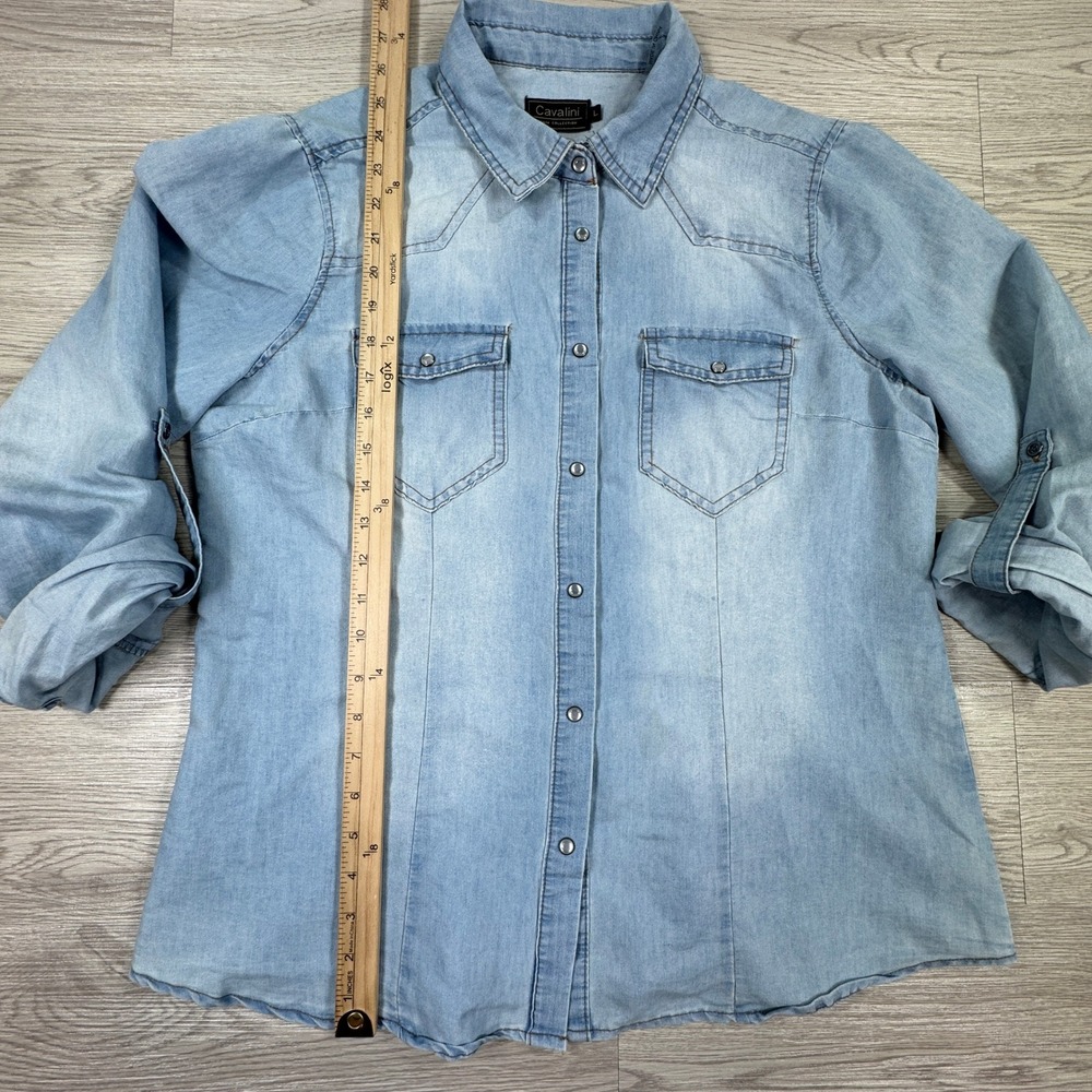 Cavalini Womens Denim Shirt Light Wash Large Western Snap Button Roll Tab Sleeve - Picture 3 of 7